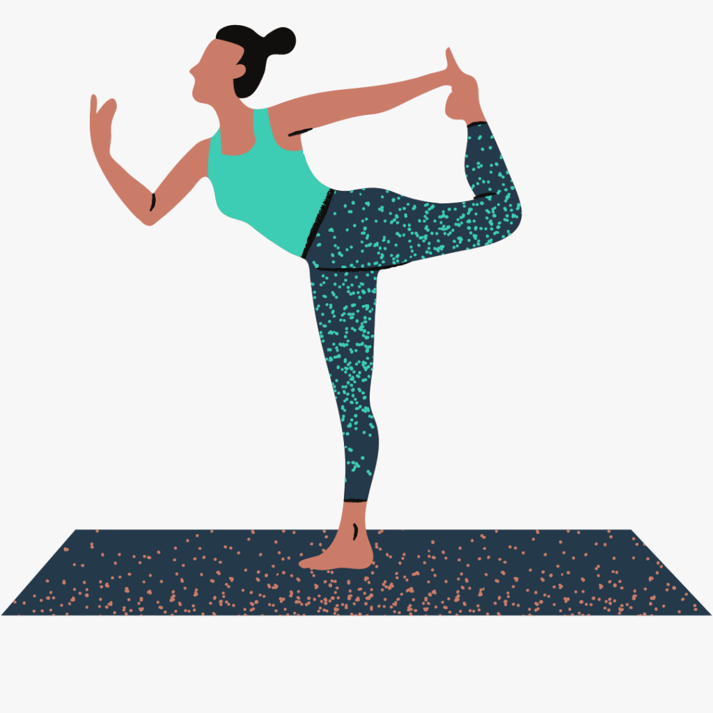 Woman does Natarajasana, Dancer's Pose on yoga mat