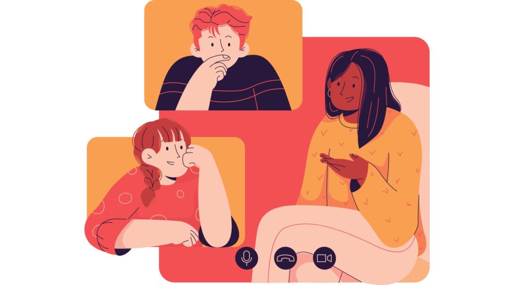 illustration of 3 people in a yoga community on social media having a conversation