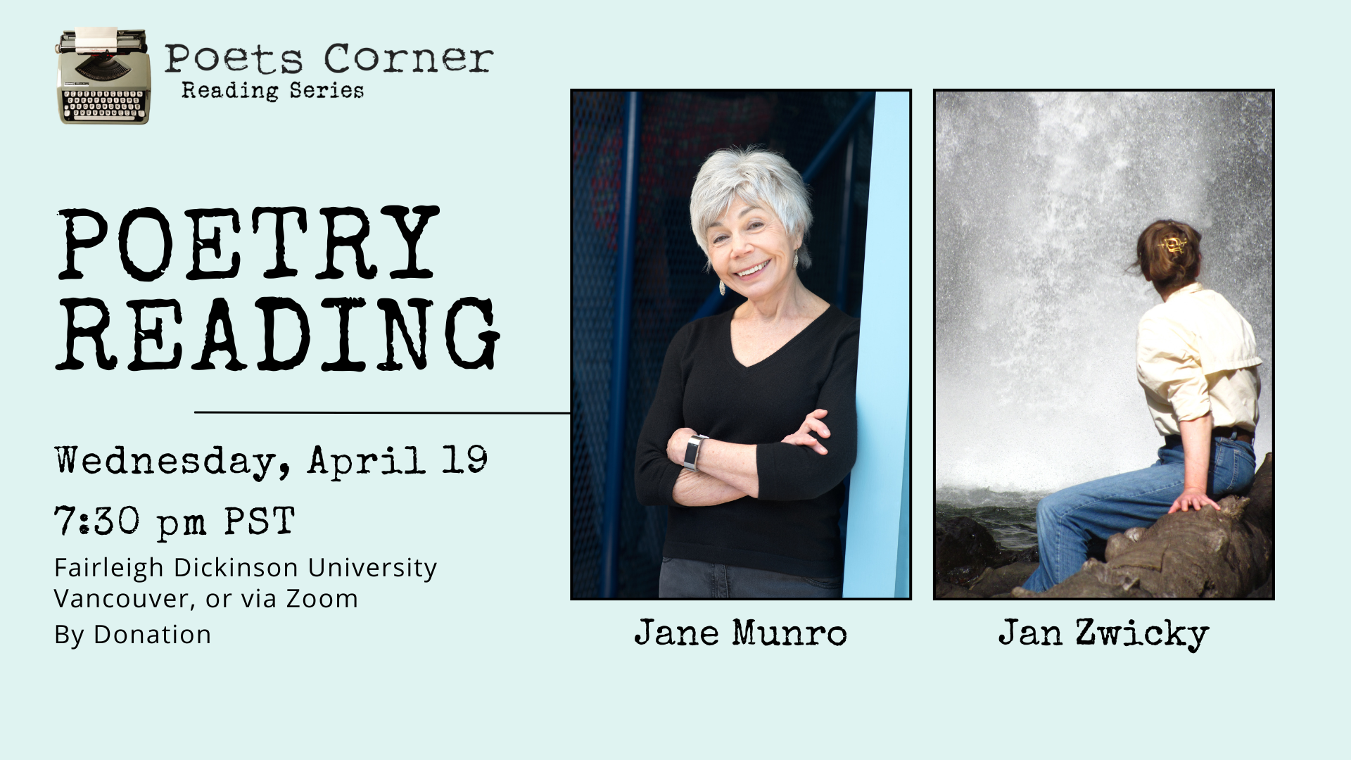 Facebook Event Cover promoting a live poetry reading with Jane Munro and Jan Zwicky