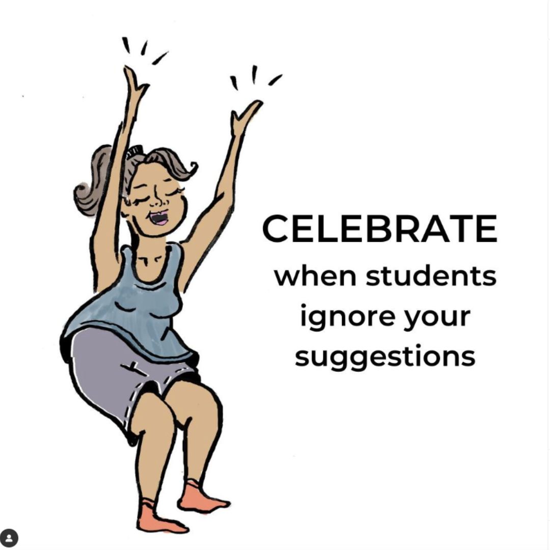 Yoga Chair Pose Illustration Illustration of a brown skinned woman in chair pose. Caption reads celebrate when students ignore your suggestions